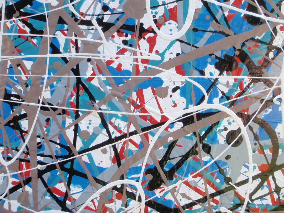 150 by 100 cm hand-painted modern art drip painting on a framed canvas, featuring blue and light brown - detail