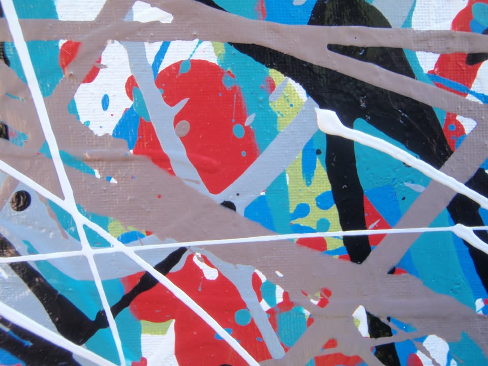 150 by 100 cm hand-painted modern art drip painting on a framed canvas, featuring blue and light brown - detail