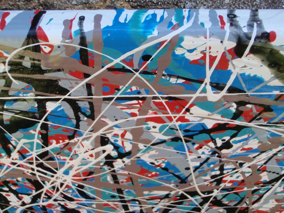 150 by 100 cm hand-painted modern art drip painting on a framed canvas, featuring blue and light brown - detail