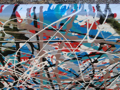150 by 100 cm hand-painted modern art drip painting on a framed canvas, featuring blue and light brown - detail