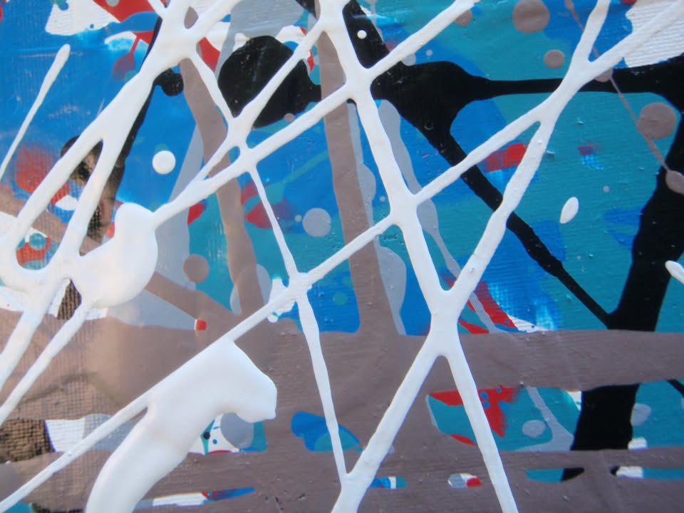 150 by 100 cm hand-painted modern art drip painting on a framed canvas, featuring blue and light brown - detail