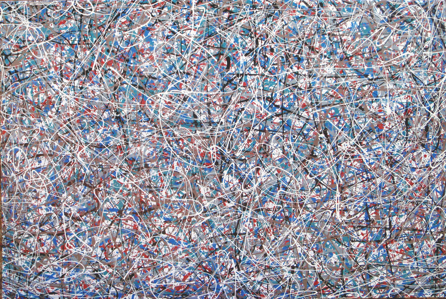 150 by 100 cm hand-painted modern art drip painting on a framed canvas, featuring blue and light brown - full view