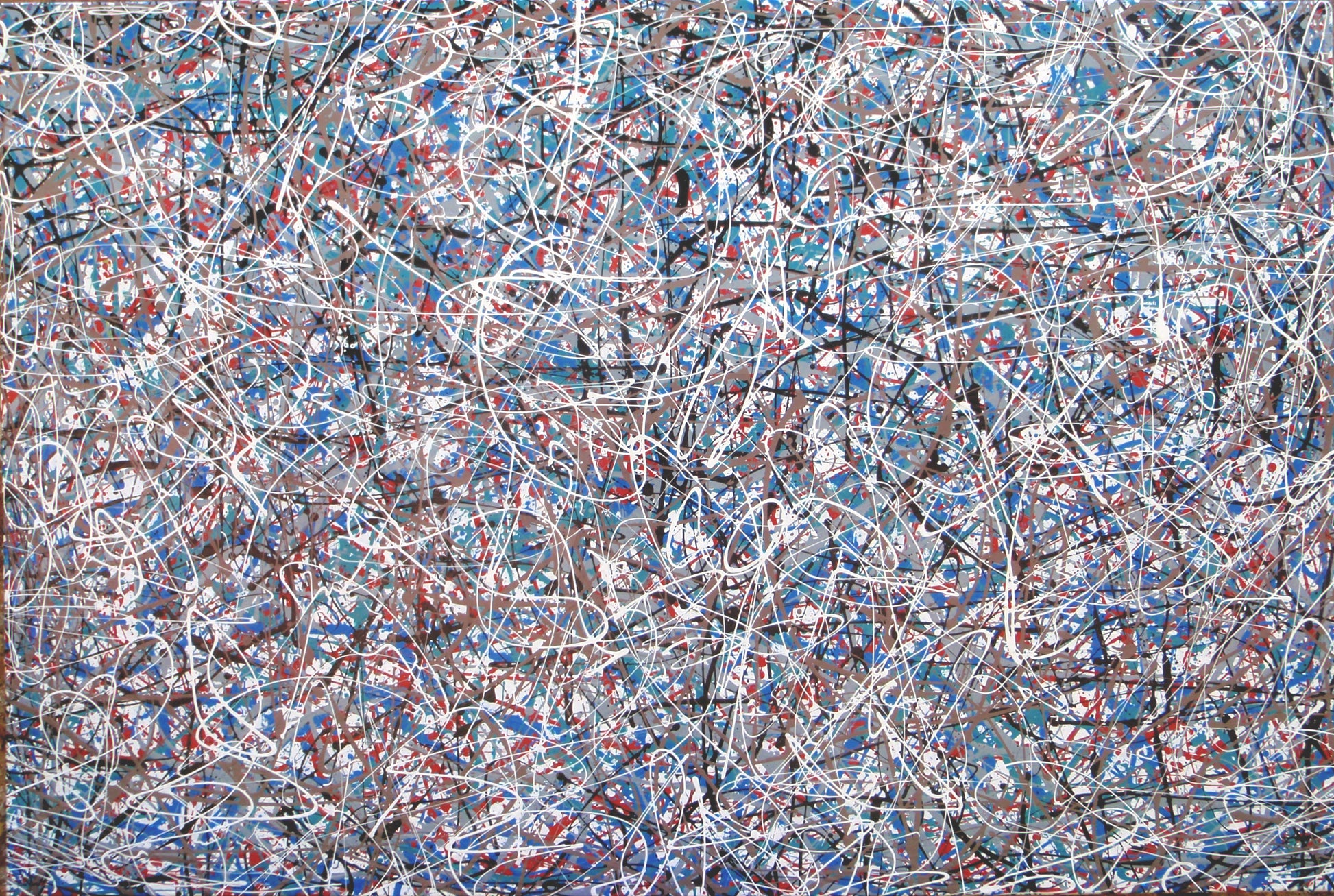 150 by 100 cm hand-painted modern art drip painting on a framed canvas, featuring blue and light brown - full view