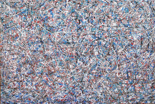 150 by 100 cm hand-painted modern art drip painting on a framed canvas, featuring blue and light brown - full view