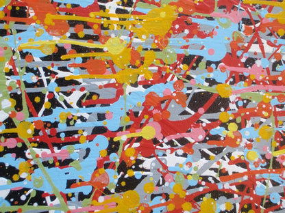 Really big hand painted colourful abstract painting on a very large framed canvas, featuring a vibrant starburst on a black background - detail