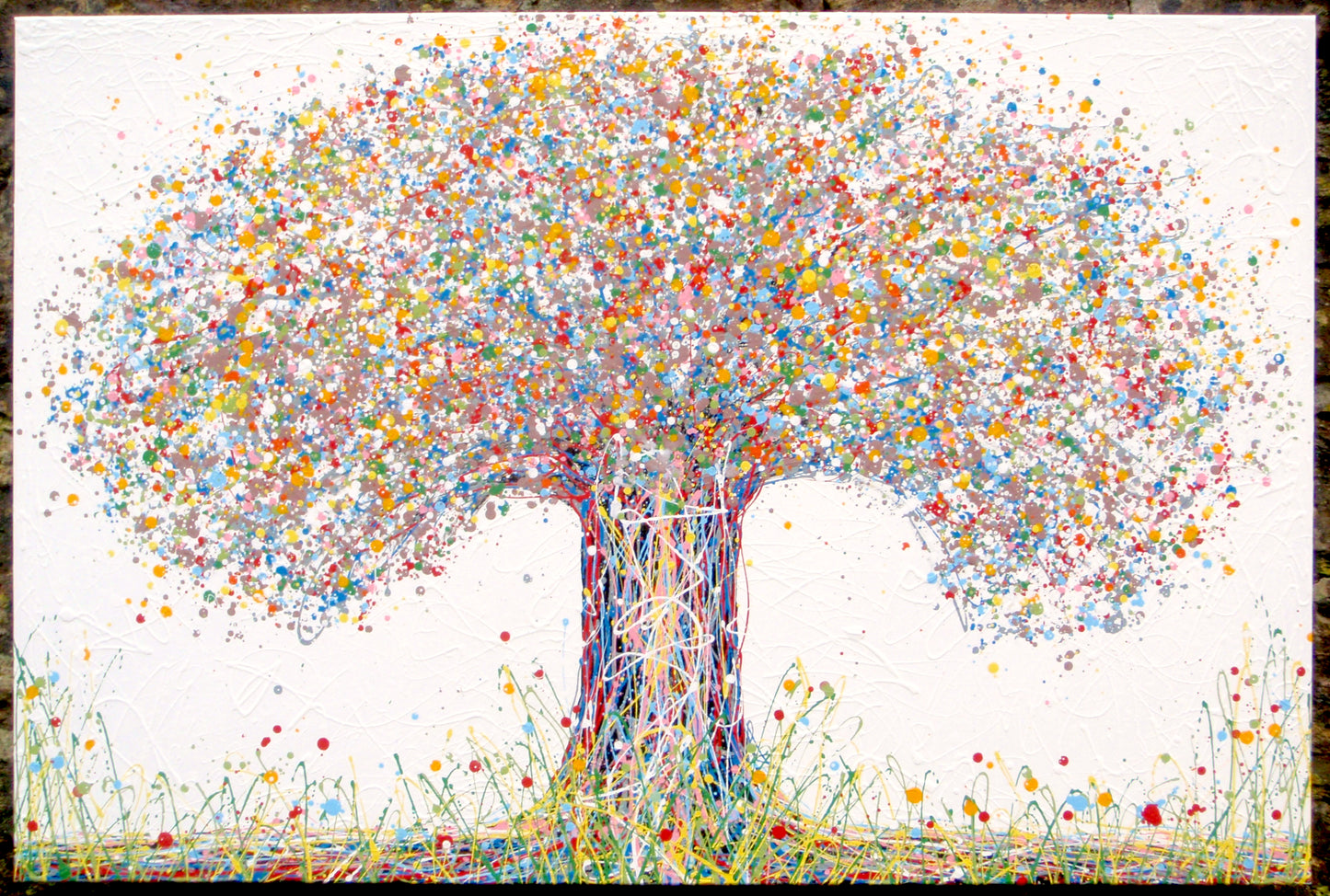 Pale brown and yellow modern art tree painting on huge 150 cm by 100 cm canvas - full view