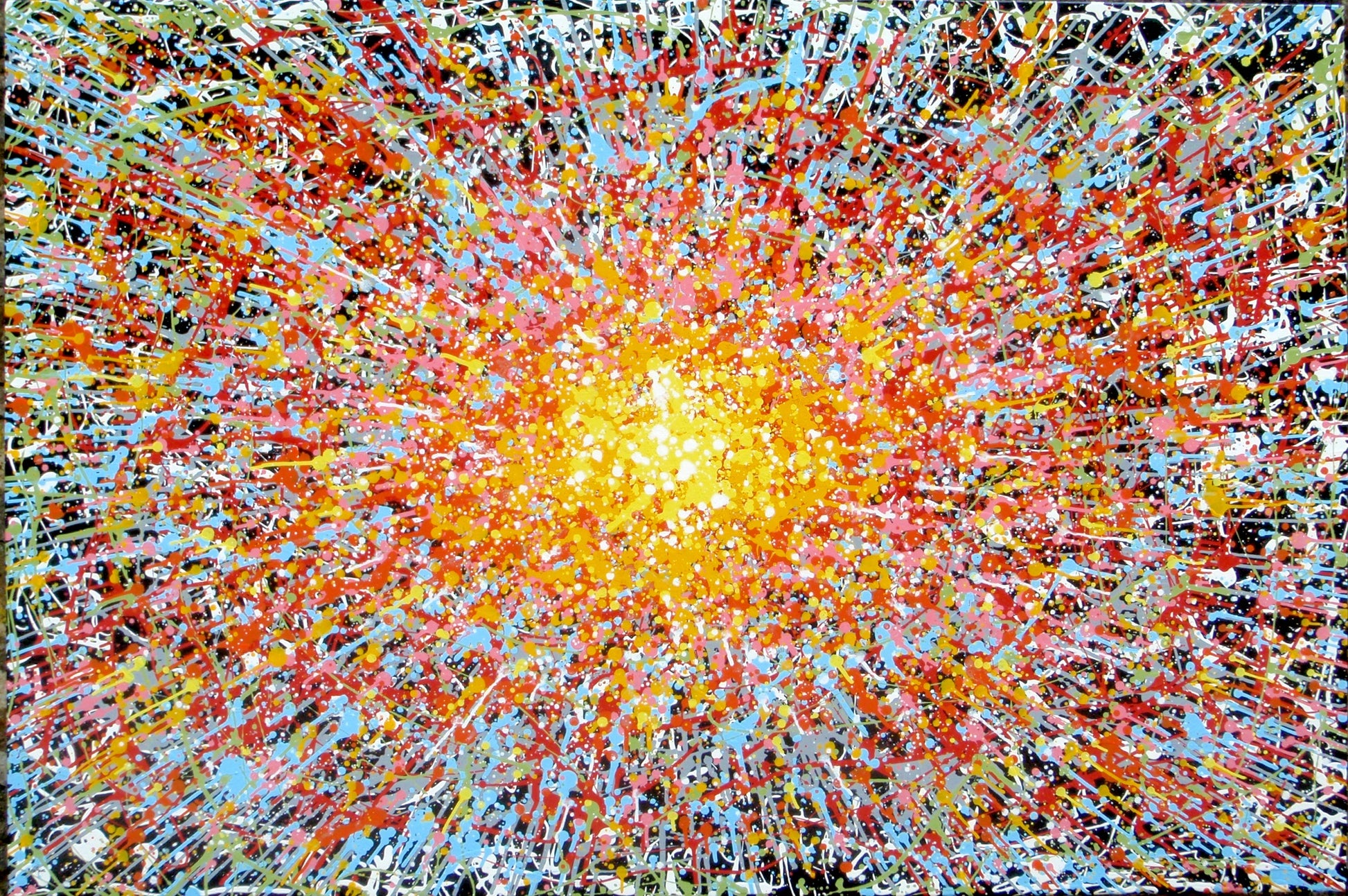 Really big hand painted colourful abstract painting on a very large framed canvas, featuring a vibrant starburst on a black background - full view