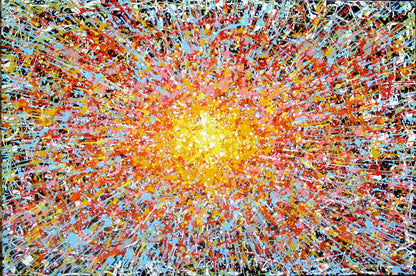 Really big hand painted colourful abstract painting on a very large framed canvas, featuring a vibrant starburst on a black background - full view