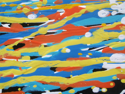 A full-frame abstract artwork composed of dense, horizontal multicoloured drips and textured lines in blue, yellow, red, orange, white, and green - detail