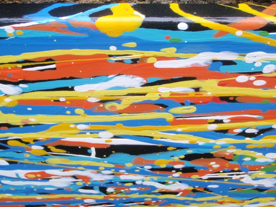 A full-frame abstract artwork composed of dense, horizontal multicoloured drips and textured lines in blue, yellow, red, orange, white, and green - detail