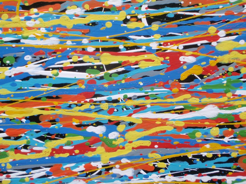 A full-frame abstract artwork composed of dense, horizontal multicoloured drips and textured lines in blue, yellow, red, orange, white, and green - detail