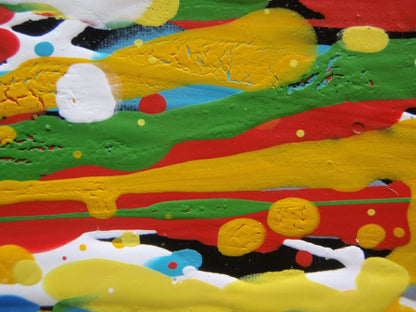 A full-frame abstract artwork composed of dense, horizontal multicoloured drips and textured lines in blue, yellow, red, orange, white, and green - detail