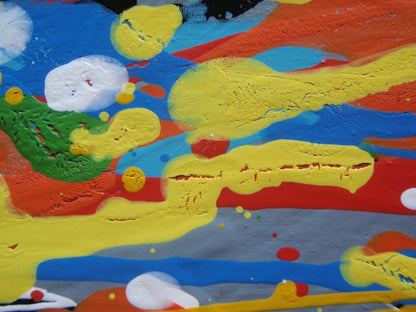 A full-frame abstract artwork composed of dense, horizontal multicoloured drips and textured lines in blue, yellow, red, orange, white, and green - detail
