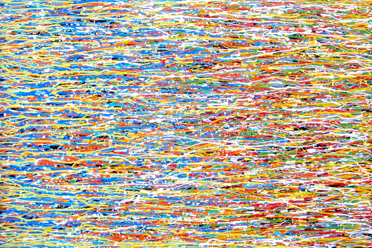 A full-frame abstract artwork composed of dense, horizontal multicoloured drips and textured lines in blue, yellow, red, orange, white, and green - full view
