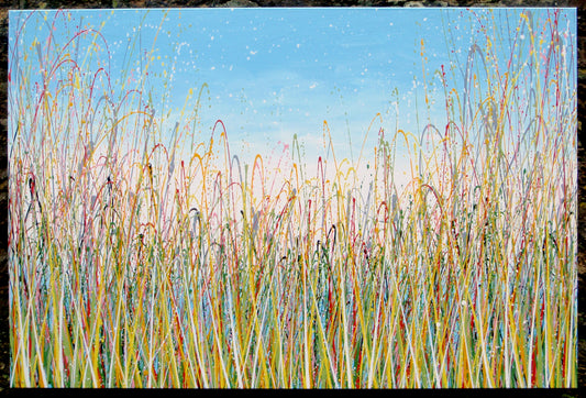 Abstract wall art grass meadow landscape painting on a large 150 cm by 100 cm framed canvas - full view