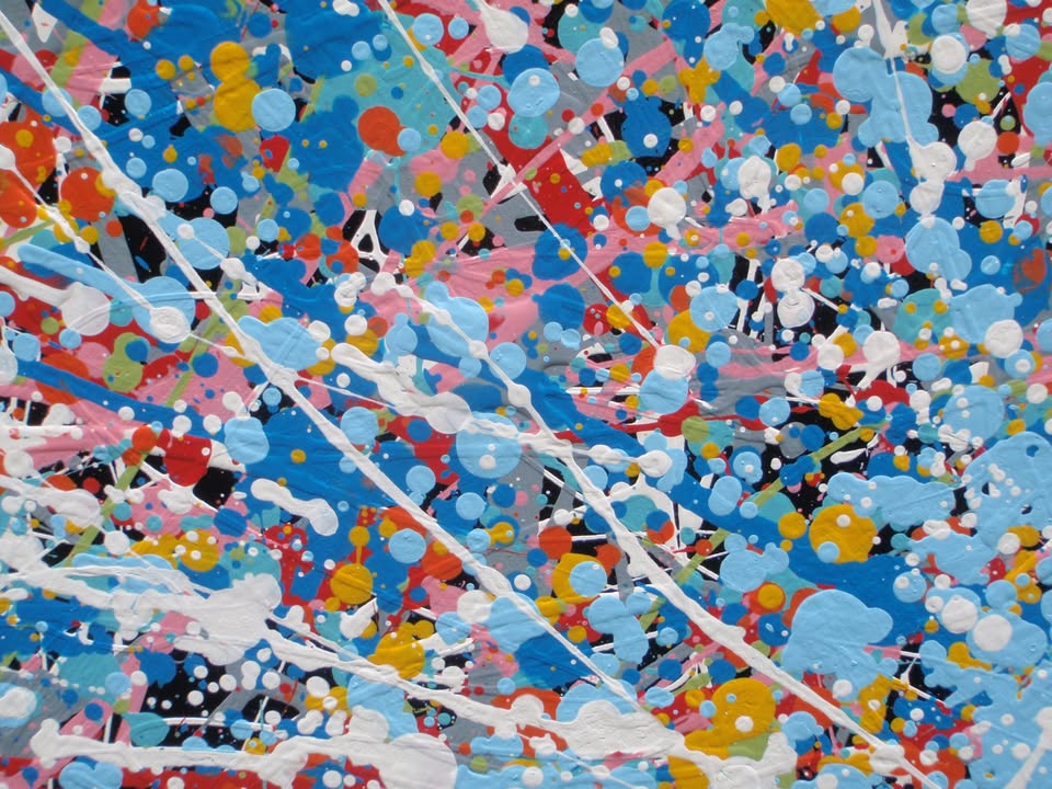 Unique abstract radial artwork filled with dense splatters and streaks of blue, red, orange, yellow, black, and white radiating from a bright white centre, on a 150 by 100 cm framed canvas - detail