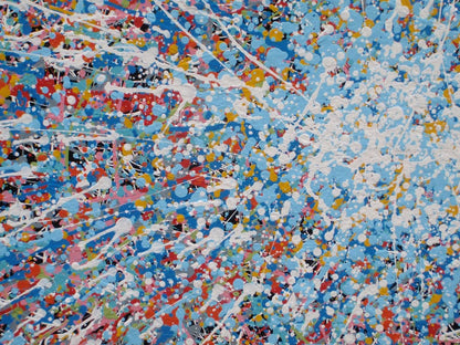 Unique abstract radial artwork filled with dense splatters and streaks of blue, red, orange, yellow, black, and white radiating from a bright white centre, on a 150 by 100 cm framed canvas - detail