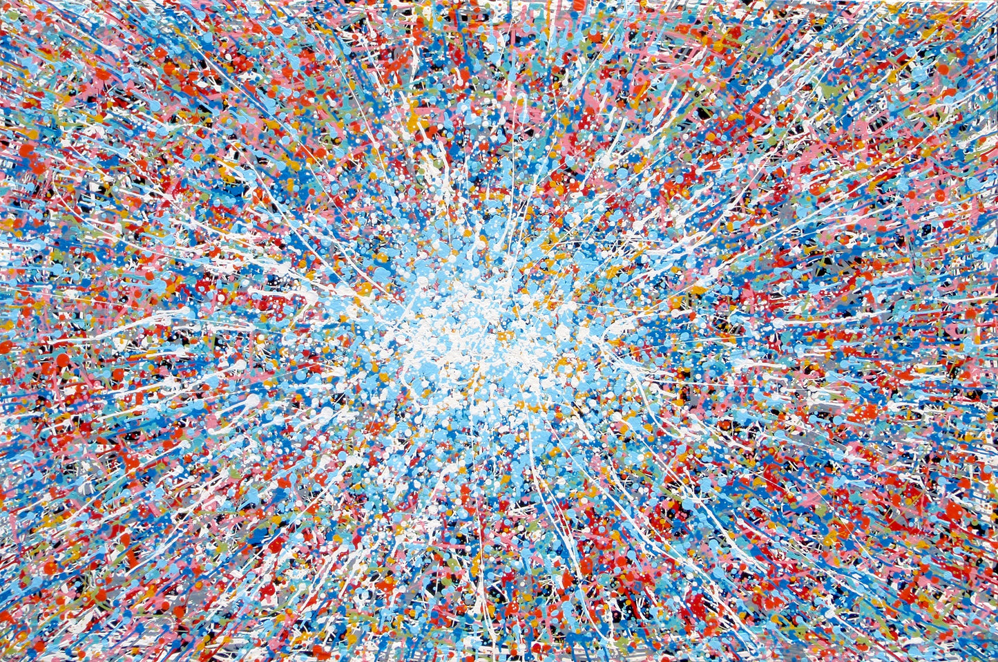 Unique abstract radial artwork filled with dense splatters and streaks of blue, red, orange, yellow, black, and white radiating from a bright white centre, on a 150 by 100 cm framed canvas - full view
