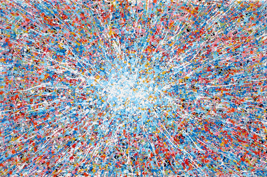 Unique abstract radial artwork filled with dense splatters and streaks of blue, red, orange, yellow, black, and white radiating from a bright white centre, on a 150 by 100 cm framed canvas - full view