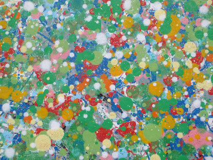 Colourful green and yellow tree with multicolored leaves on a white background, on a huge 158 cm by 112 cm canvas - detail
