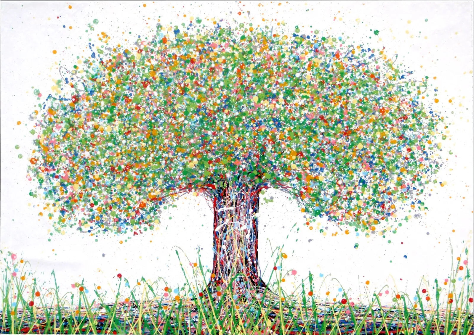 Colourful green and yellow tree with multicolored leaves on a white background, on a huge 158 cm by 112 cm canvas - full view