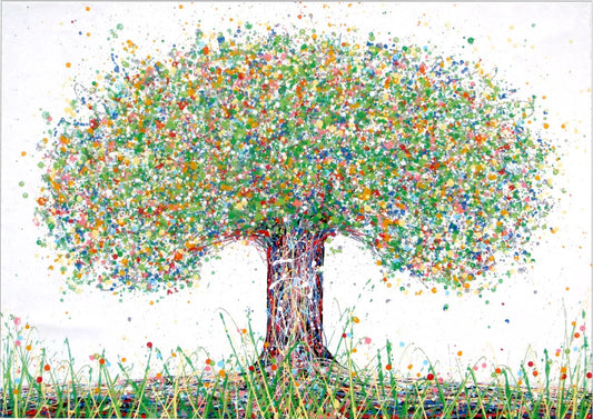 Colourful green and yellow tree with multicolored leaves on a white background, on a huge 158 cm by 112 cm canvas - full view