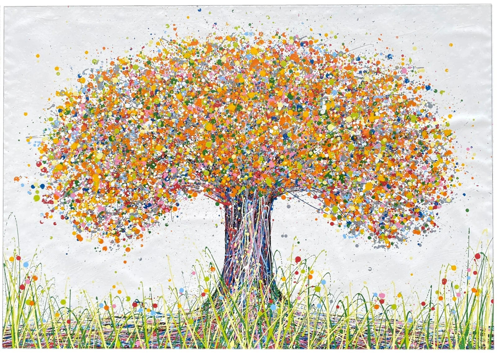 Colourful original tree painting with multicoloured orange and yellow leaves on a white canvas background  full view