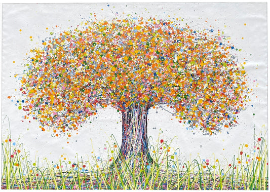 Colourful original tree painting with multicoloured orange and yellow leaves on a white canvas background  full view