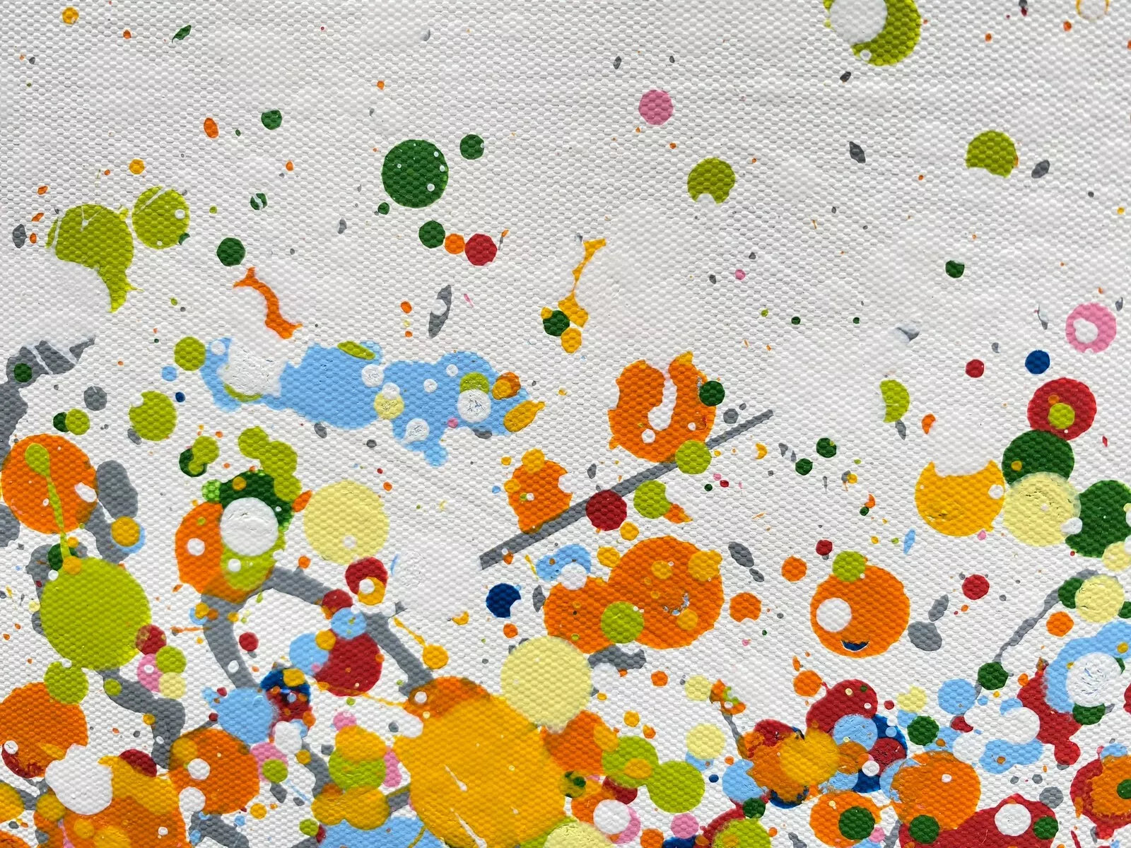 Colourful original tree painting with multicoloured orange and yellow leaves on a white canvas background  - detail