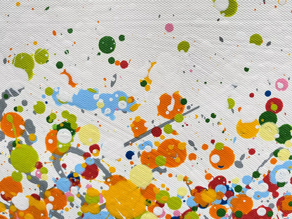 Colourful original tree painting with multicoloured orange and yellow leaves on a white canvas background  - detail