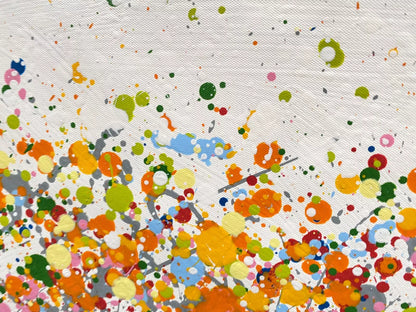 Colourful original tree painting with multicoloured orange and yellow leaves on a white canvas background  - detail