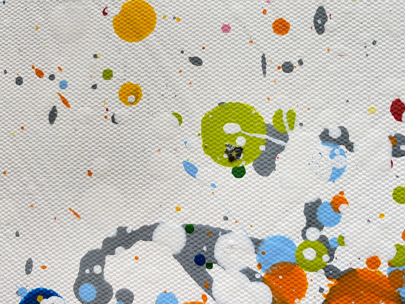 Colourful original tree painting with multicoloured orange and yellow leaves on a white canvas background  - detail