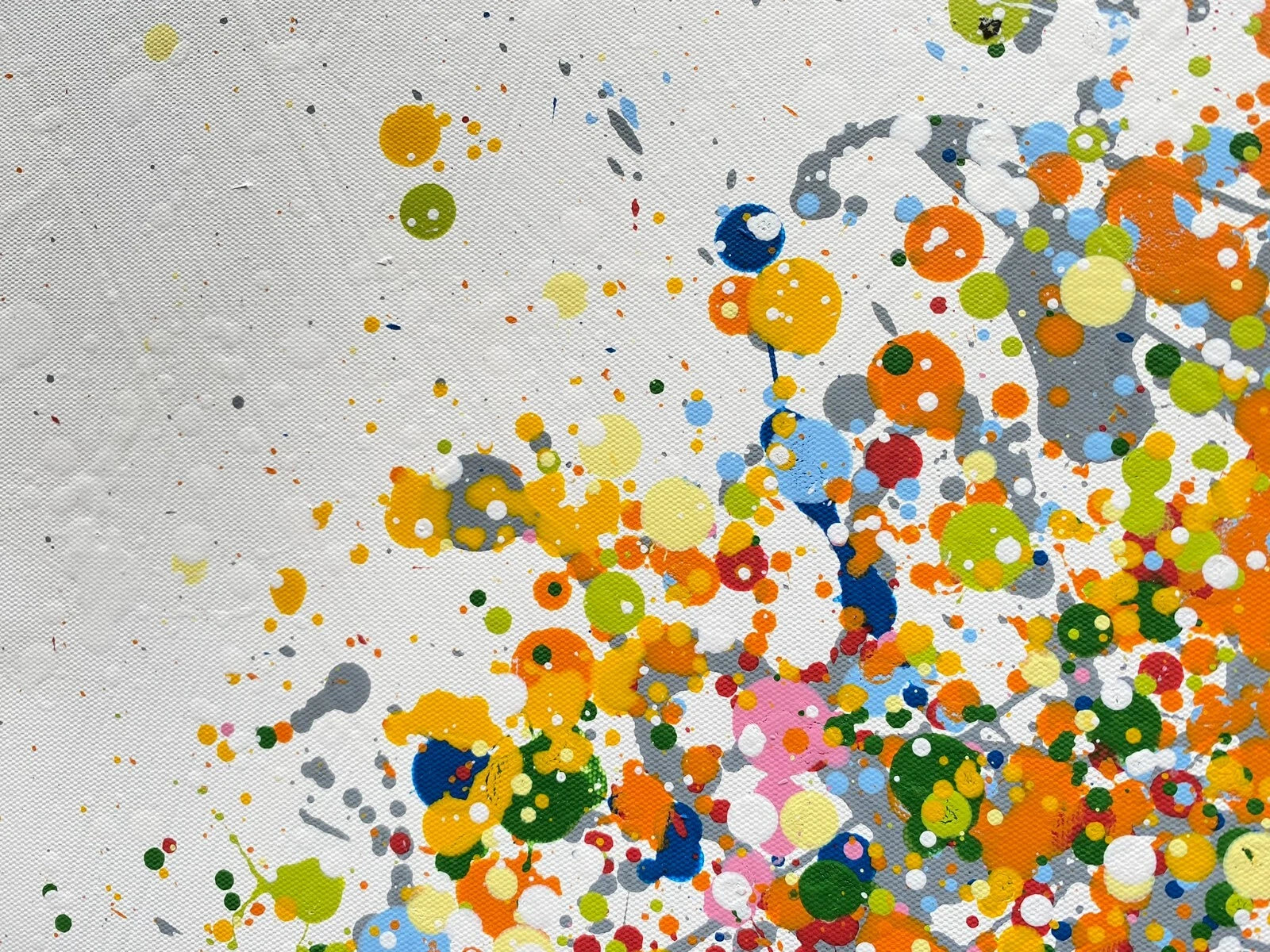 Colourful original tree painting with multicoloured orange and yellow leaves on a white canvas background  - detail