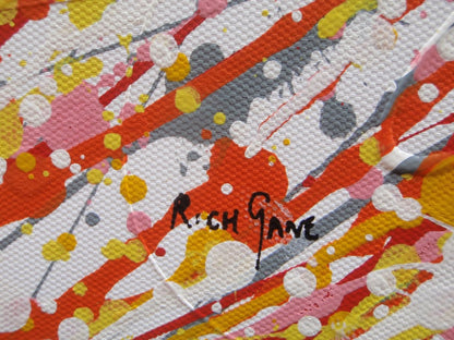 Abstract radial burst artwork with dense radiating lines in yellow, orange, red, and white, creating a textured starburst pattern filling the whole 158 by 112 cm canvas - detail