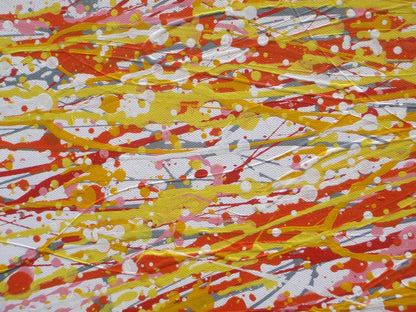 Abstract radial burst artwork with dense radiating lines in yellow, orange, red, and white, creating a textured starburst pattern filling the whole 158 by 112 cm canvas - detail