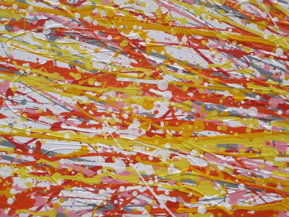Abstract radial burst artwork with dense radiating lines in yellow, orange, red, and white, creating a textured starburst pattern filling the whole 158 by 112 cm canvas - detail
