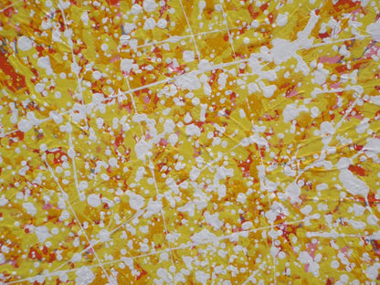 Abstract radial burst artwork with dense radiating lines in yellow, orange, red, and white, creating a textured starburst pattern filling the whole 158 by 112 cm canvas - detail