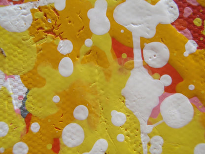 Abstract radial burst artwork with dense radiating lines in yellow, orange, red, and white, creating a textured starburst pattern filling the whole 158 by 112 cm canvas - detail