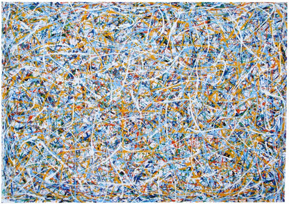 Abstract Wall Art Colourful Blue Drip Painting on an Un-stretched 158cm by 112cm Canvas - full view