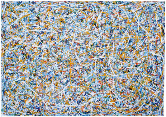 Abstract Wall Art Colourful Blue Drip Painting on an Un-stretched 158cm by 112cm Canvas - full view