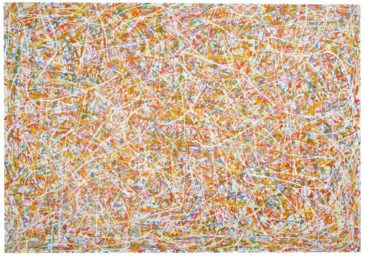 Abstract artwork with a pattern of orange, white, and multicolour lines on a white background, measuring 158 cm by 112 cm - full view