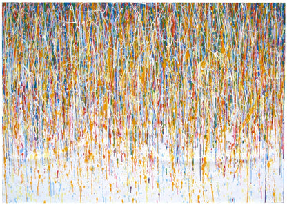 Large abstract vertical drip painting with yellow and blue on 158x112cm un-stretched canvas - full view