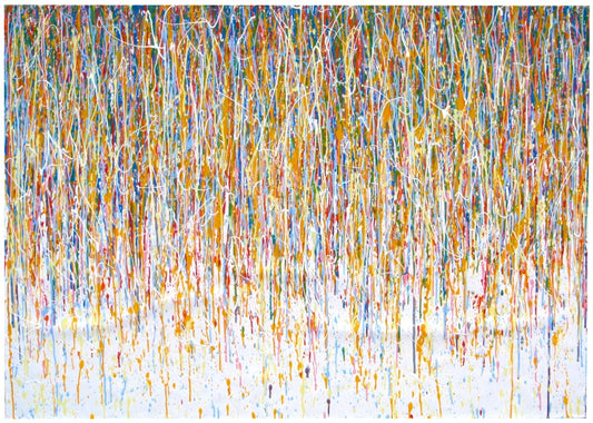 Large abstract vertical drip painting with yellow and blue on 158x112cm un-stretched canvas - full view