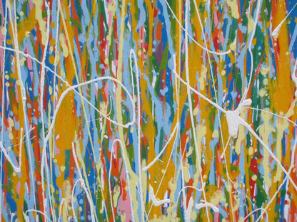 Large abstract vertical drip painting with yellow and blue on 158x112cm un-stretched canvas - detail