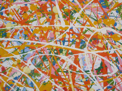 Abstract artwork with a pattern of orange, white, and multicolour lines on a white background, measuring 158 cm by 112 cm - detail 6