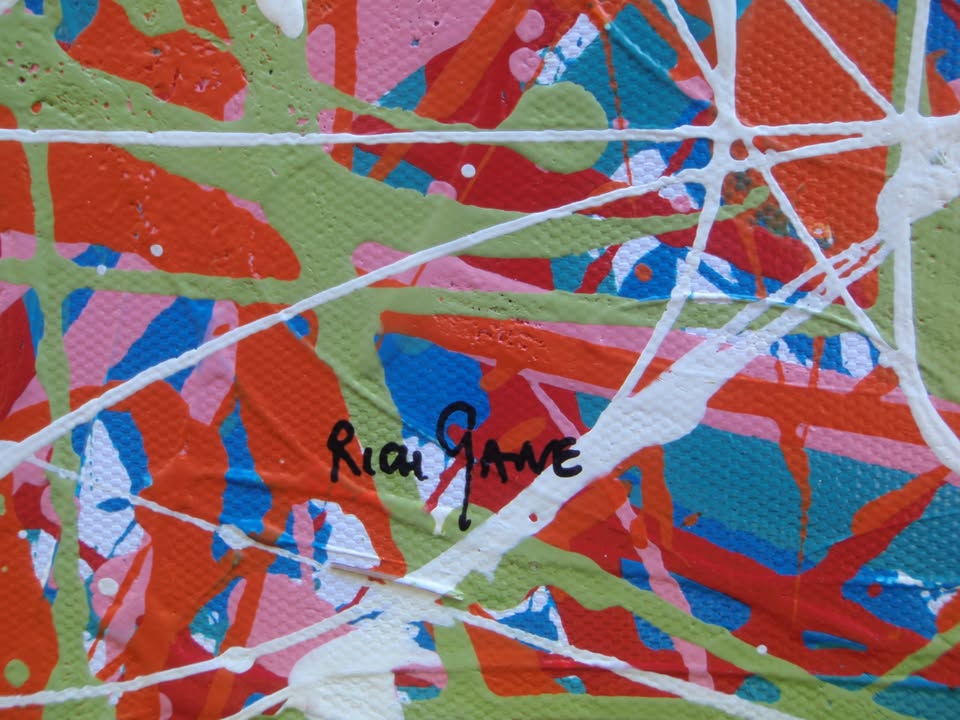 158 by 112 cm hand-painted abstract canvas with orange, green and white drips and splashes - detail