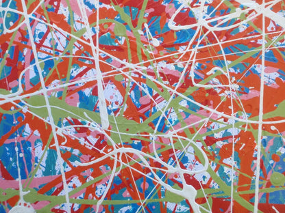158 by 112 cm hand-painted abstract canvas with orange, green and white drips and splashes - detail