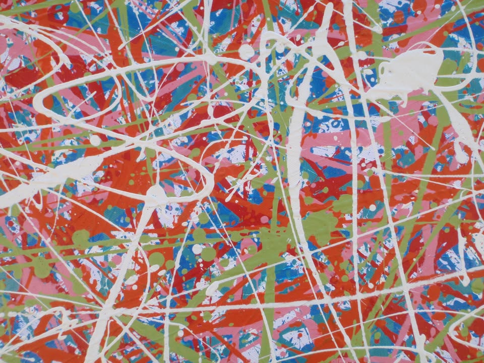 158 by 112 cm hand-painted abstract canvas with orange, green and white drips and splashes - detail