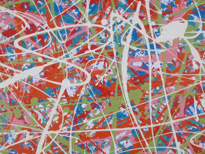 158 by 112 cm hand-painted abstract canvas with orange, green and white drips and splashes - detail