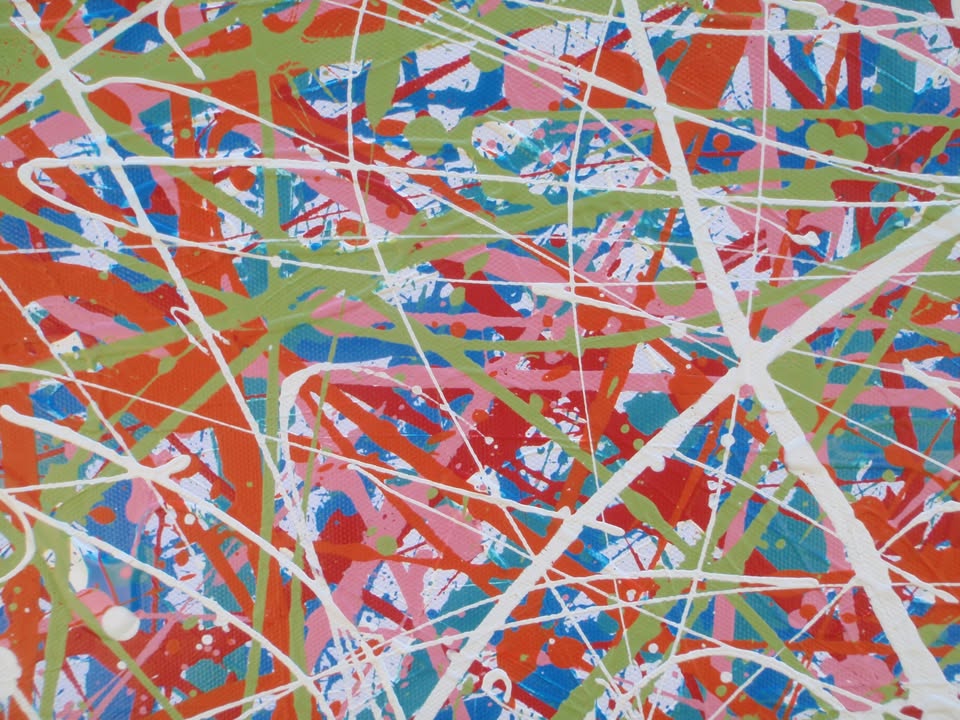 158 by 112 cm hand-painted abstract canvas with orange, green and white drips and splashes - detail